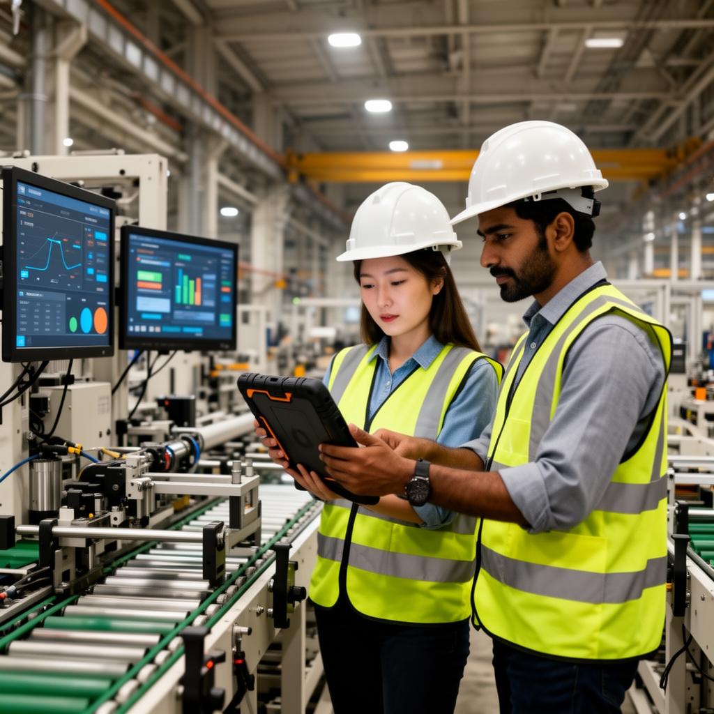 Engineer monitoring AI vision system on factory floor