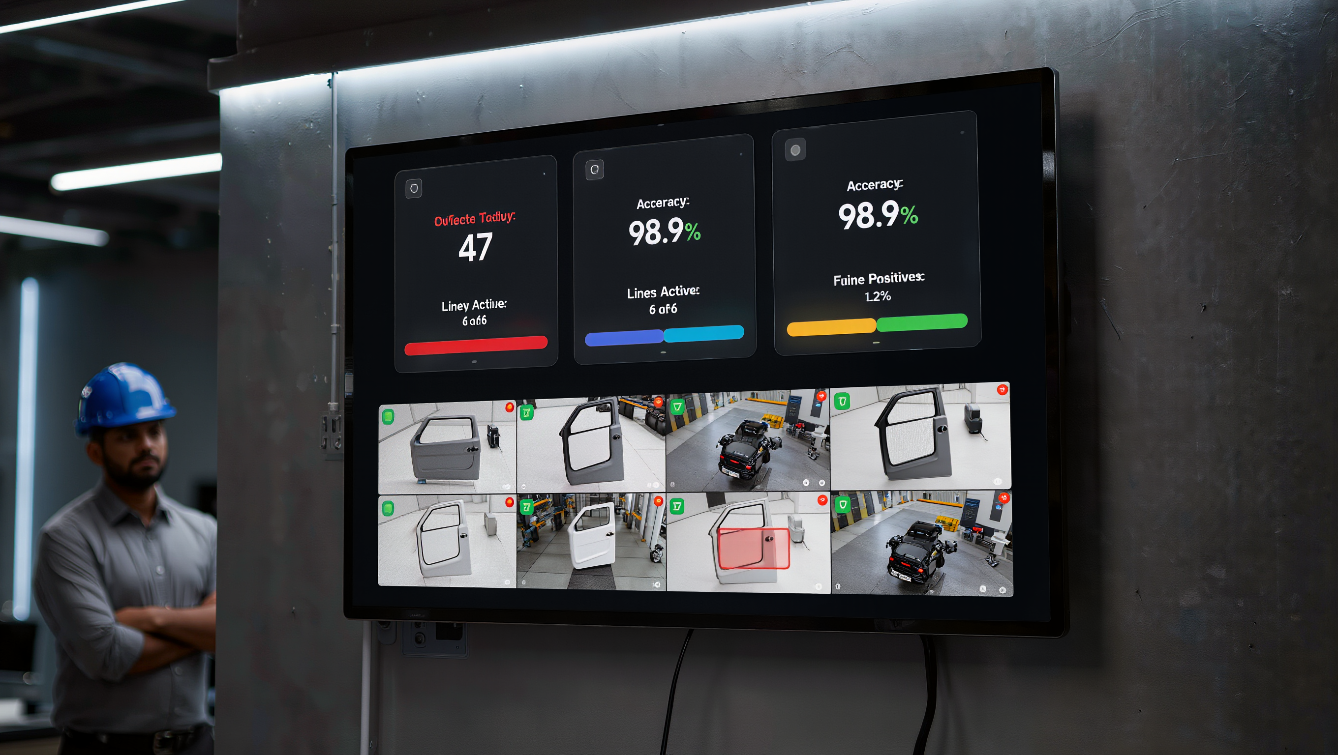 Wall-mounted dashboard showing defects today, active lines, and a detection feed with a red alert box, with a worried-looking engineer beside it